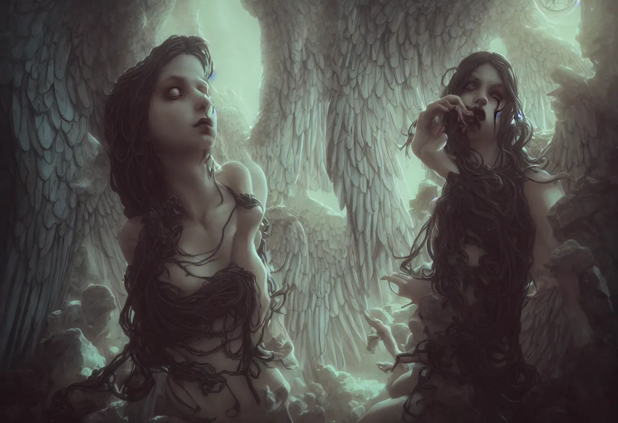 Prompt: beautiful very extreme closeup portrait, gothic girl, goth, vampire, weeping angels, angel of grief, stone statues, beautiful woman body, unreal engine, greg rutkowski, loish, rhads, beeple, tom bagshaw, alphonse mucha, global illumination, detailed and intricate environment
