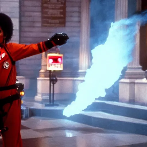 Image similar to stunning awe inspiring michael jackson as a ghostbuster in the movie ghostbusters, movie still 8 k hdr atmospheric lighting