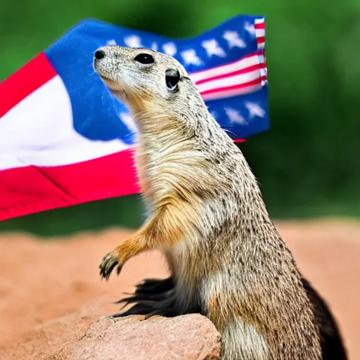 Prompt: prairie dog holding an american flag