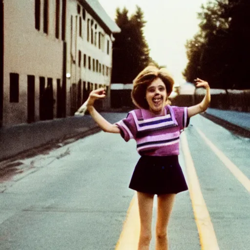 Prompt: 1 9 8 0 s girl standing in a wide open street