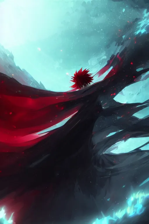 Prompt: anime guy with red hair in black cloak holding a red energy vortex, anime fight, wlop, concept art, digital painting, trending on artstation, highly detailed, epic composition, 8 k uhd