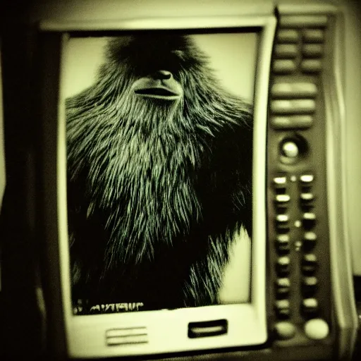 Prompt: a trailcam photo of a real life bigfoot, grainy, vintage, crt