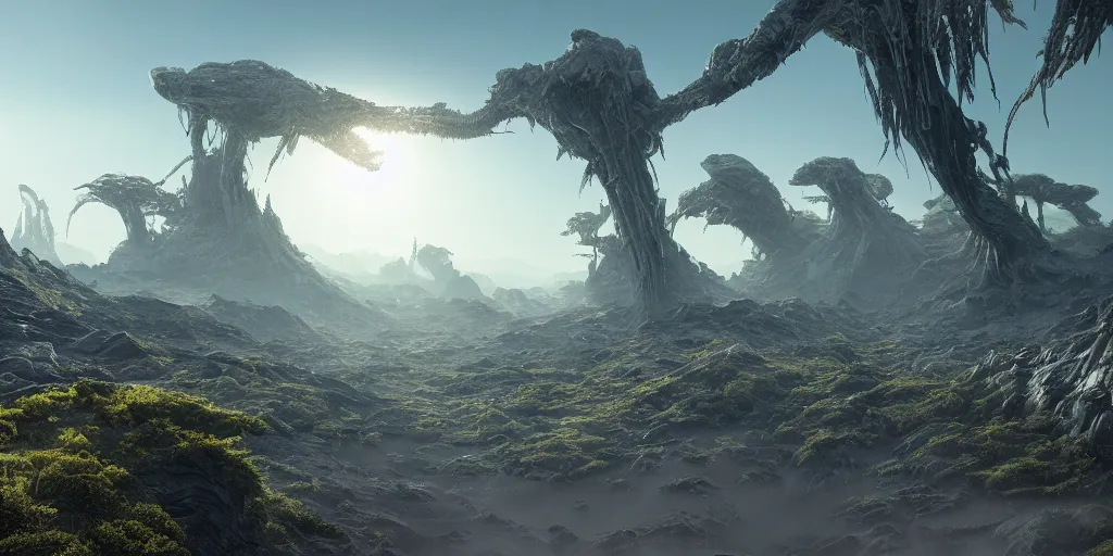 Image similar to alien landscape, alien wildlife, alien nature, 8 k uhd, unreal engine, octane render in the artstyle of kuindzhi