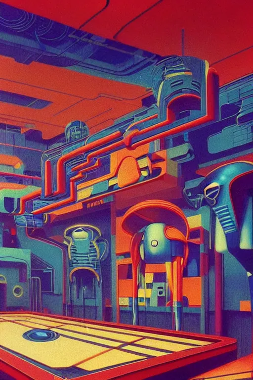 Image similar to 8 0 s art deco indoor spacestation with swimmingpool, robots, led screens, droids, neon sign, cinematic dramatic cyberpunk textural fluid lines otherworldly vaporwave interesting details fantasy lut epic composition by basquiat zdzisław beksinski james jean artgerm rutkowski moebius francis bacon gustav klimt