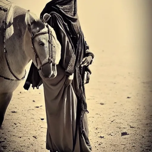 Image similar to beautiful burqa's woman, ride horse in saharan, dress like taliban, riffle on chest, dust, cinematic, dynamic pose, pinterest