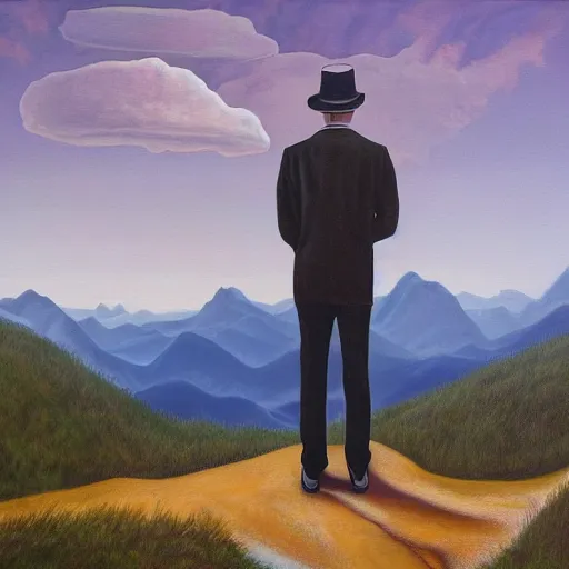 Prompt: surreal painting from a man with a hat in front of mountains