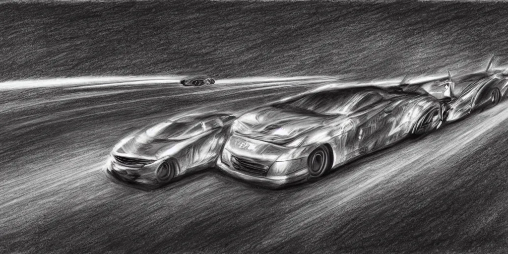 Image similar to a drawing of two cars drag racing in the middle of the night, realism, intense,