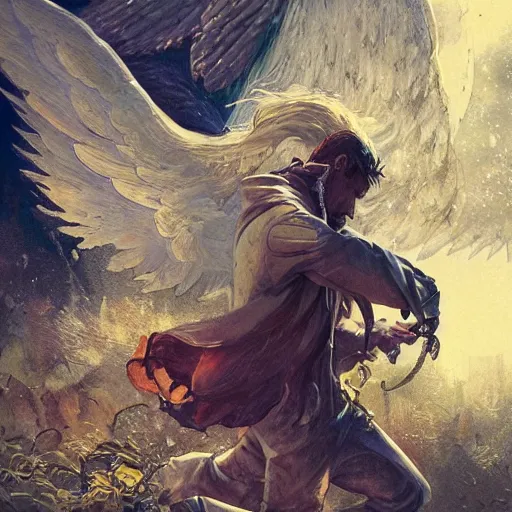 Image similar to angel protecting man, detailed intricate ink illustration, happy atmosphere, detailed illustration, hd, 4k, digital art, overdetailed art, by greg rutkowski, by loish, complementing colors, Trending on artstation, movie poster style