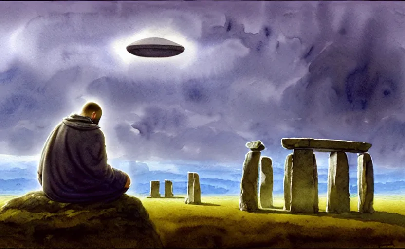Image similar to a hyperrealist watercolour character concept art portrait of one small grey medieval monk kneeling down in prayer in front of a floating rock above a complete stonehenge monument on a misty night. a ufo is in the sky. by rebecca guay, michael kaluta, charles vess and jean moebius giraud