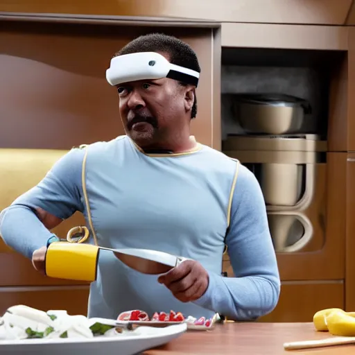 Image similar to Geordi La Forge wearing visor and a colander and random kitchen tools on his head