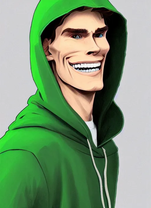 Image similar to jerma wearing a green hoodie and smiling with glowing white teeth, path traced, highly detailed, high quality, digital painting, by studio ghibli and alphonse mucha, leesha hannigan, makoto shinkai, disney