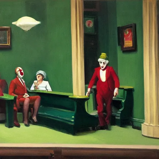 Prompt: a highly detailed fine art painting of multiple british members of parliament in the house of commons wearing clown costumes and smoking. in the style of edward hopper, richard hamilton. concept art. whimsical. green leather benches.