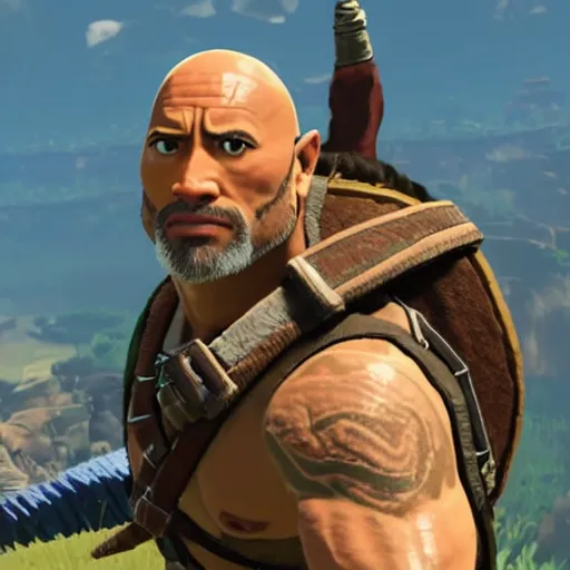 Image similar to dwayne the rock johnson as zelda breath of the wild character screenshot from zelda breath of the wild game