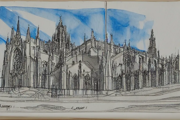 Image similar to Catedral de Maringá, sketchbook with annotation, blue print, ultra detailed