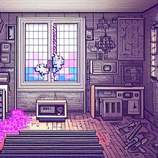 Image similar to view from corner looking into a 9 0 s bedroom, beautiful detailed pixel art, intricate details, beautiful, dithered gradients, volumetric lighting, 3 d illustration, old school computer game graphics, crpg, d & d, pixel art