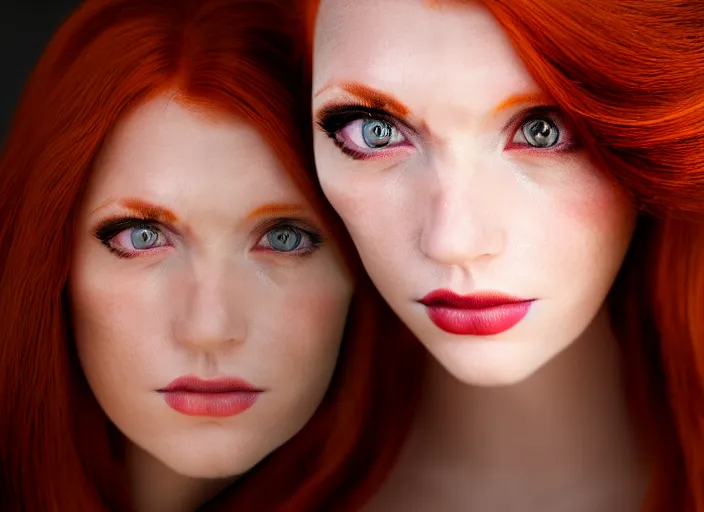 Image similar to 5 5 mm portrait photo of a redhead woman's face with ( intricate cat eyes )!!. highly detailed 8 k. intricate. lifelike. soft light. nikom d 8 5 0. cinematic post - processing