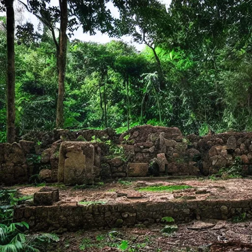 Image similar to ancient ruins found in a jungle, on an abandoned island