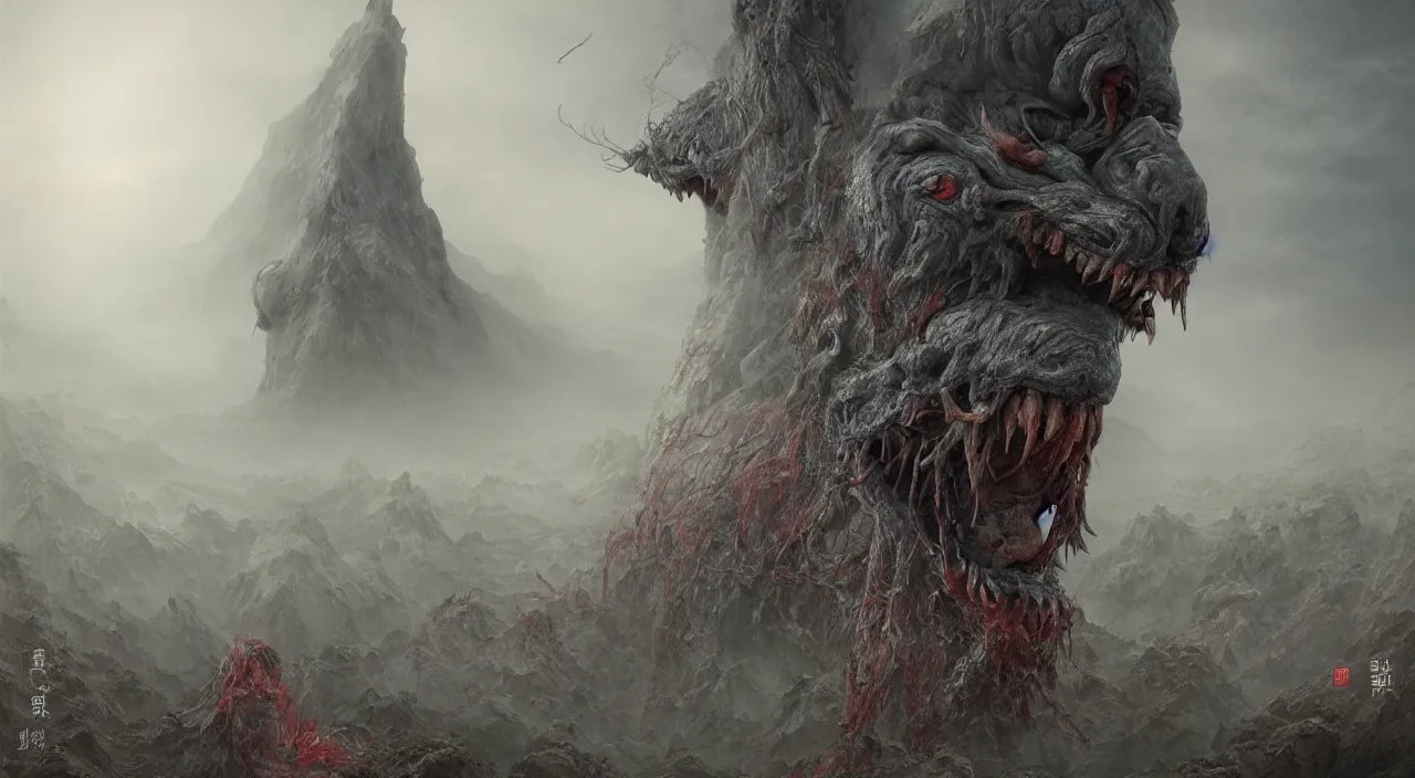 Image similar to a epic monster from chinese myth 山 海 经, 饕 餮, by zdzislaw beksinski, by josip csoor, portrait, photorealistic, volumetric lighting, horror, detailed, intricate, elden ring, raytrace, octane, cgscociety,