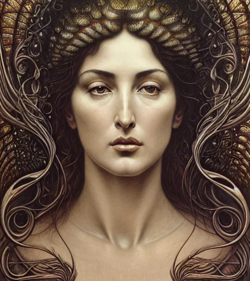 Image similar to detailed realistic beautiful young monica bellucci head and shoulders portrait by jean delville, gustave dore and marco mazzoni, art nouveau, symbolist, visionary, baroque, intricate fractal, maximalism. horizontal symmetry by zdzisław beksinski, iris van herpen, raymond swanland and alphonse mucha. highly detailed, hyper - real, beautiful