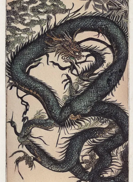 Image similar to vintage chinese dragon in a tropical forest, john james audubon, intaglio, sharp focus