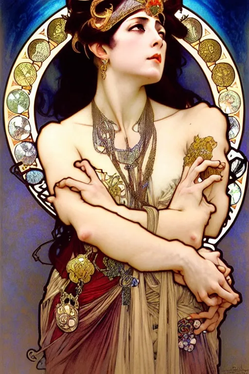 Prompt: realistic detailed face portrait of Mata Hari as The Goddess of Precious Jewels by Alphonse Mucha, Ayami Kojima, Yoshitaka Amano, Charlie Bowater, Karol Bak, Greg Hildebrandt, Jean Delville, and Mark Brooks, Art Nouveau, Pre-Raphaelite, Neo-Gothic, gothic, Art Nouveau, intricate fine details, exquisite, rich deep moody colors, beautiful detailed background