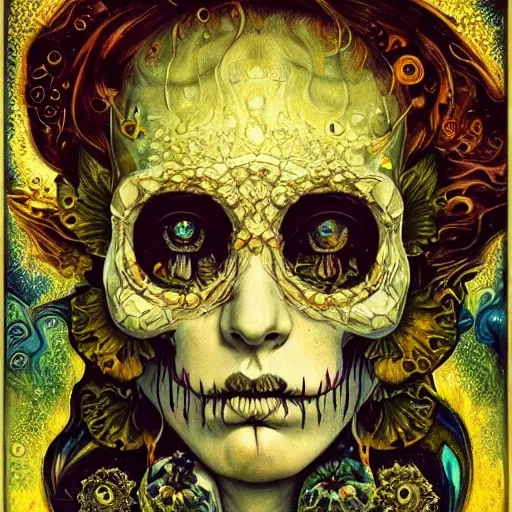 Prompt: Memento Mori by Karol Bak, Jean Deville, Gustav Klimt, and Vincent Van Gogh, beautiful visionary mystical portrait, calavera, otherworldly, fractal structures, ornate gilded medieval icon, third eye, spirals, sugar skull by Van Gogh