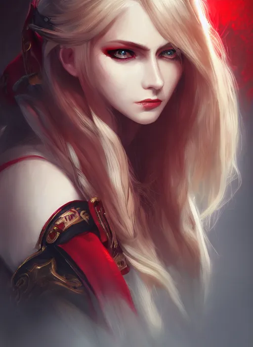 Image similar to a highly detailed illustration of beautiful long dirty blonde haired pale girl wearing red epaulette uniform, red eyes, dramatic seductive pose, intricate, elegant, highly detailed, centered, digital painting, artstation, concept art, smooth, sharp focus, league of legends concept art, WLOP