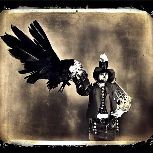 Prompt: black raven feathers , darkening the sky a mariachi band steampunk rose large ears and uncut, a wetplate daguerrotype trending on deviantart