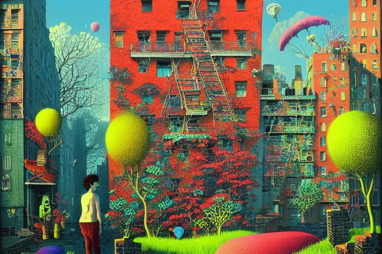 Image similar to surreal glimpse into other universe, new york, summer morning, very coherent and colorful high contrast, art by!!!! gediminas pranckevicius!!!!, geof darrow, floralpunk screen printing woodblock, dark shadows, hard lighting, stipple brush technique,