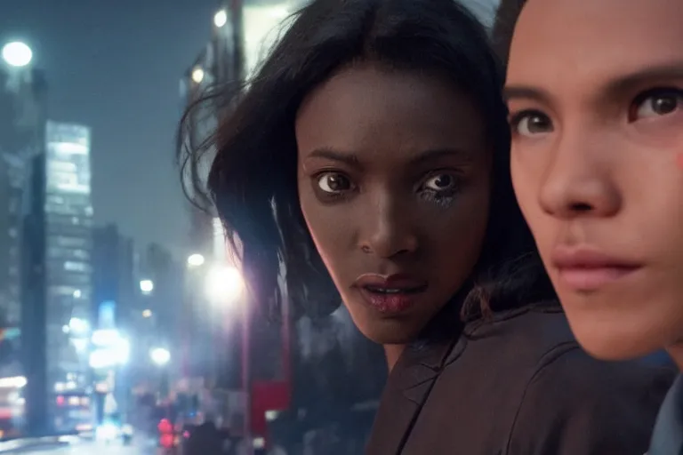 Image similar to movie powerful mutant heroes interracial couple closeup, DC Marvel fashion, VFX powers at night in the city, city street, beautiful skin, natural lighting by Emmanuel Lubezki