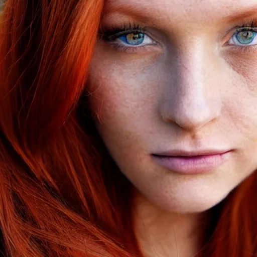 Prompt: close up portrait photo of the left side of the face of a redhead woman with blue eyes and big black round pupils who looks directly at the camera. Slightly open mouth, face covers half of the frame, with a park visible in the background. 135mm nikon. Intricate. Very detailed 8k. Sharp. Cinematic post-processing. Award winning photography, steve mccurry