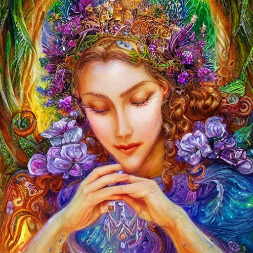 Image similar to a nature goddess checking her cell phone by senior concept artist josephine wall, acrylic on canvas, intricately detailed, high resolution trending on artstation