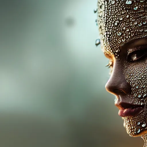 Image similar to full shot of a regal brown woman wearing an intricate and detailed armor made of dew drops. multiple layers. reflections. morning dew. textures. delicate. translucent. studio portrait. photorealistic. octane render