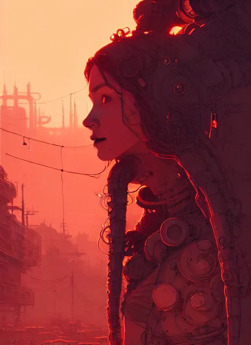 Prompt: highly detailed portrait of a wasteland long curly red hair tribal lady, stray wiring by atey ghailan, james gilleard, by joe fenton, by greg rutkowski, by greg tocchini, by kaethe butcher, 4 k resolution, gradient red, orange, black and white color scheme!!! ( ( burning robotic dystopian city background ) )