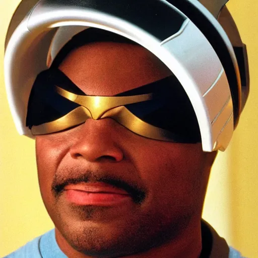 Image similar to Geordi LaForge wearing visor and a colander and random kitchen tools on his head