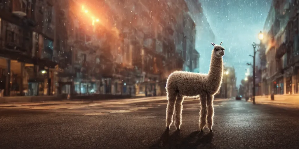 Image similar to a llama walking through a desolate city street at night, realistic 4 k octane beautifully detailed render, 4 k post - processing, highly detailed, intricate complexity, epic composition, magical atmosphere, cinematic lighting, masterpiece, ultra hd