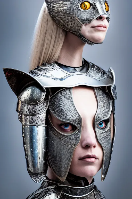 Image similar to female knight wearing a real cat on her head, armor designed by wayne barlowe, swarovski and tiffany, blonde hair, symmetry, sci - fi, cinematic, elegant, luxury, perfect light, perfect composition, dlsr photography, sharp focus, dark fantasy, 4 k, ultra hd, sense of awe, highly detailed, realistic, intricate