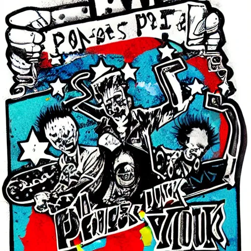 Image similar to painting on a badge, punks not dead!, exploited!!, clash, junk yard, rats!!, god save the queen, punk rock album cover art style, grunge, no future