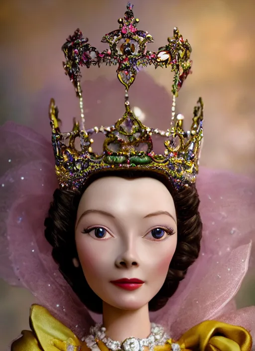 Image similar to closeup face profile portrait of tin toy vivien leigh as a fairytale princess wearing a crown eating cakes, bikini, depth of field, zeiss lens, detailed, symmetrical, centered, fashion photoshoot, by nicoletta ceccoli, mark ryden, lostfish, breathtaking, 8 k resolution, extremely detailed, beautiful, establishing shot, artistic, hyperrealistic, octane render