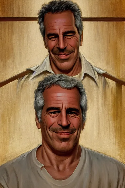 Prompt: smiling Jeffrey Epstein, in jail behind bars, golden hour, artstation, by J. C. Leyendecker and Peter Paul Rubens,