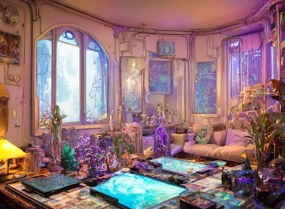 Image similar to telephoto 7 0 mm f / 2. 8 iso 2 0 0 photograph depicting the feeling of chrysalism in a cosy cluttered french sci - fi ( art nouveau ) cyberpunk apartment in a pastel dreamstate art cinema style. ( aquarium, computer screens, window ( city ), leds, lamp, ( ( ( aquarium bed ) ) ) ), ambient light.