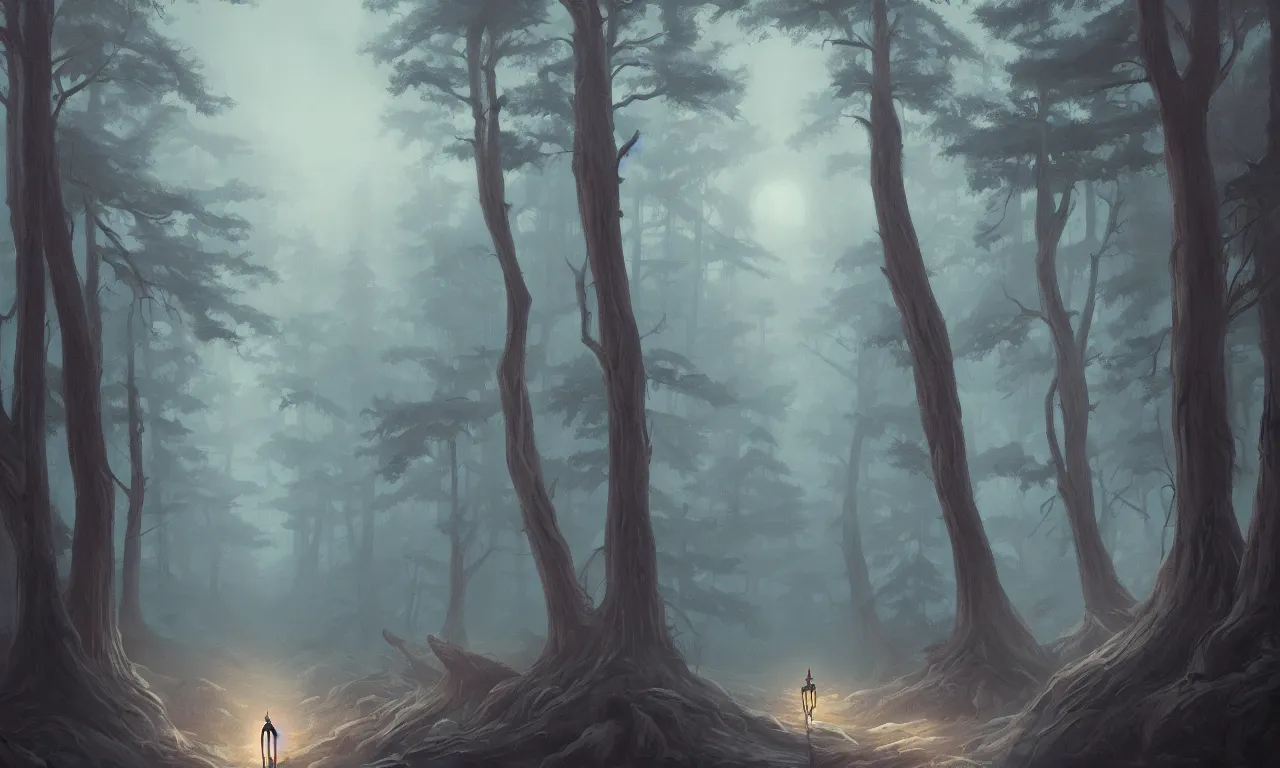 Prompt: a painting of a one path leading to a mystical creepy forest full of wonders, pine trees, magical atmosphere, trending on artstation, 30mm, by Noah Bradley