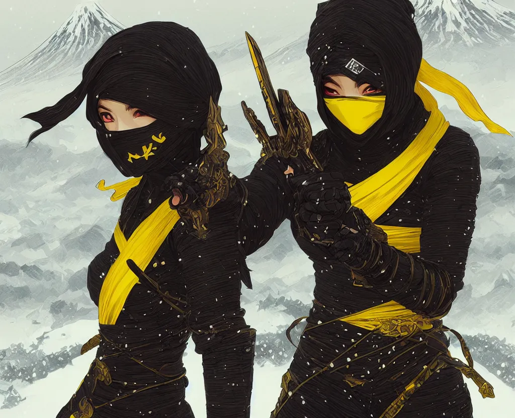 Image similar to portrait ninja gaiden girl, black plus little yellow ninja wardrobe, at snowy fuji mountain sunrise, ssci - fi and fantasy, intricate and very very beautiful, detailed, digital painting, artstation, concept art, smooth and sharp focus, illustration, art by tian zi and wlop and alphonse mucha