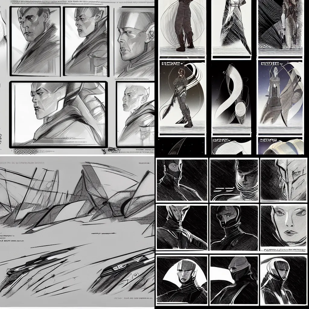 Prompt: story board sketches for a new Dune film done in the style of Syd mead using heavy read and pale earthy tones. Highly detailed, HDR, Concept Art,