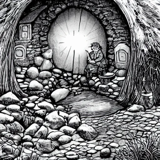 Image similar to a detailed illustration of hobbiton in winter, from the lord of the rings, round doors, hobbit burrows, a fat happy hobbit smoking a pipe