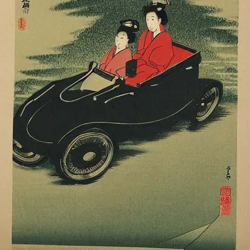 Image similar to a japanese print of a woman driving a frog car