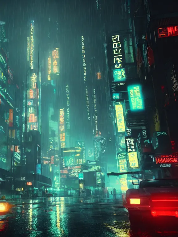 Image similar to photo of 8k ultra realistic blade runner skyline, neon, heavy rain, full of colour, cinematic lighting, battered, trending on artstation, 4k, hyperrealistic, focused, extreme details,unreal engine 5, cinematic, masterpiece, art by studio ghibli