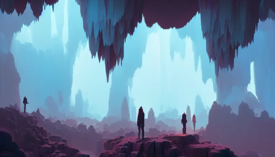 Image similar to highly detailed matte painting of a glistening crystal cave by atey ghailan, by greg rutkowski, by greg tocchini, by james gilliard, by joe fenton, pink, brown, black and light blue color scheme, octane render