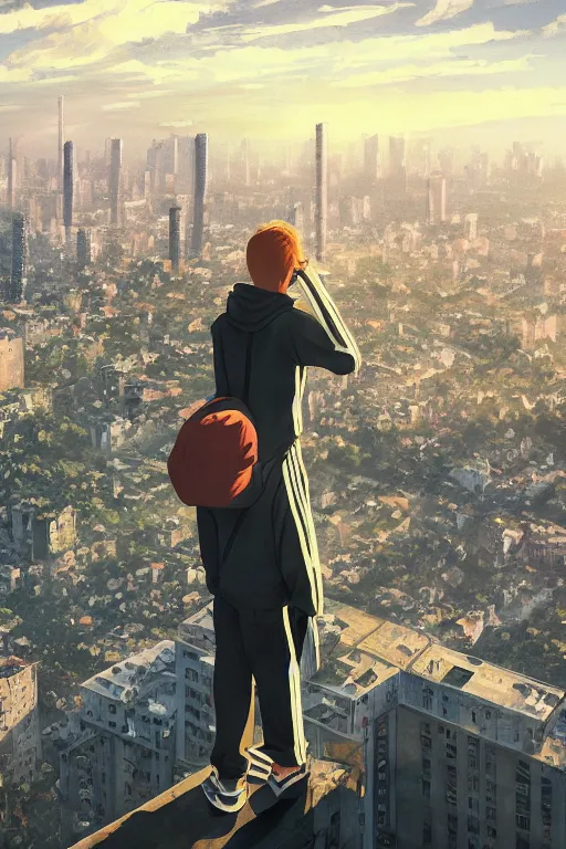 Prompt: Sad gopnik boy in black adidas sportswear looking atop of a urban plateau filled with soviet apartment buildings, golden hour, dreamy, beautiful clouds, ultra detailed beautiful lighting, wallpaper, cityscape, beautiful artwork by Makoto Shinkai