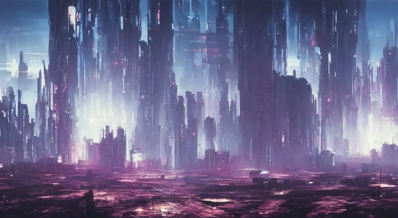 Image similar to a beautiful painting of A cyberpunk city on the plains of the outer planets,80s sci-fi,4k,by John Harris